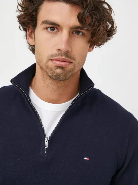 Tommy Hilfiger sweter z domieszką kaszmiru granatowy lekki z półgolfem
