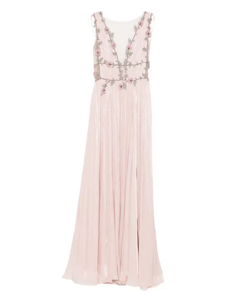 Rochie maxi Costarellos cu model floral plisată de costum roz