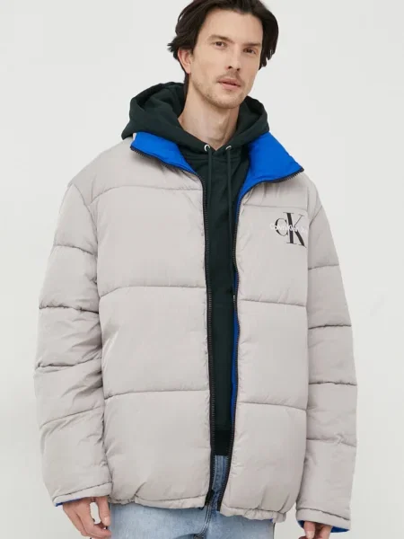 Яке с две лица Calvin Klein Jeans зимен модел с уголемена кройка синьо