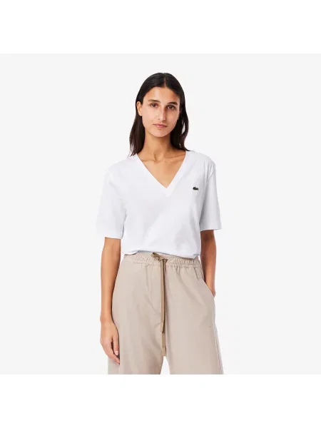 Lacoste Koszulka Z Dekoltem W Serek Z Miękkiej Bawełny O Luźnym Kroju biała