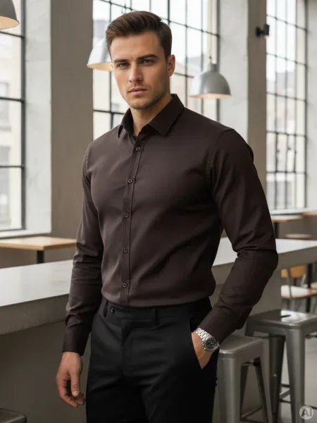Koszula SLIM FIT elegancka gładka ciemnobrązowa Dstreet