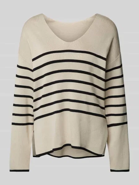 Sweter z dzianiny z dekoltem w serek model ‘OSTRIA’ Vila beżowy