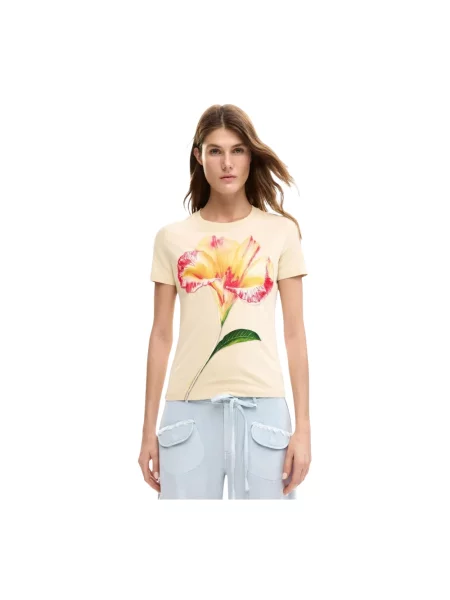 Koszulka Desigual w kwiatki z krótkim rękawem beżowa