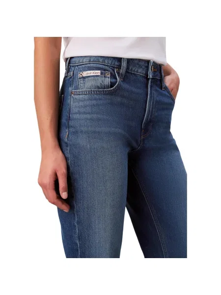 Blugi drepți Calvin Klein Jeans cu talie înaltă albastru