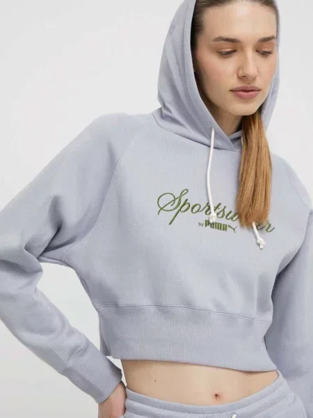 Суичър с качулка Puma с качулка с апликация сиво
