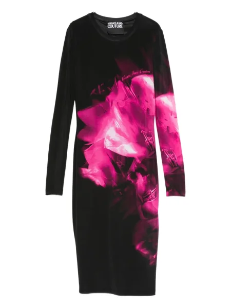 Sukienka jeansowa Versace Jeans Couture w kwiatki z nadrukiem do kolan czarna