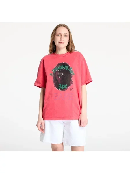 T-shirt A BATHING APE Garment Dye Rhinestone Ape Head Relaxed Fit Tee UNISEX Red L czerwona