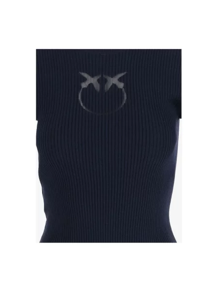 Sweter Pinko wełniany z krótkim rękawem z logo niebieski