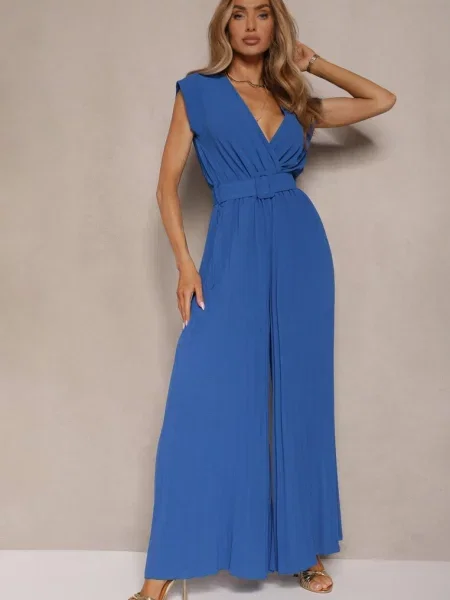 Kopertowy Kombinezon Wide Leg Zdobiony Plisami i z Klamrą Salirella niebieski