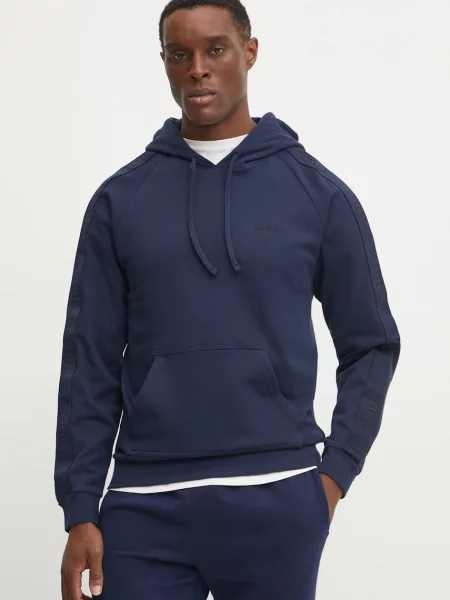 Bombažen pulover HUGO mornarsko s kapuco modra