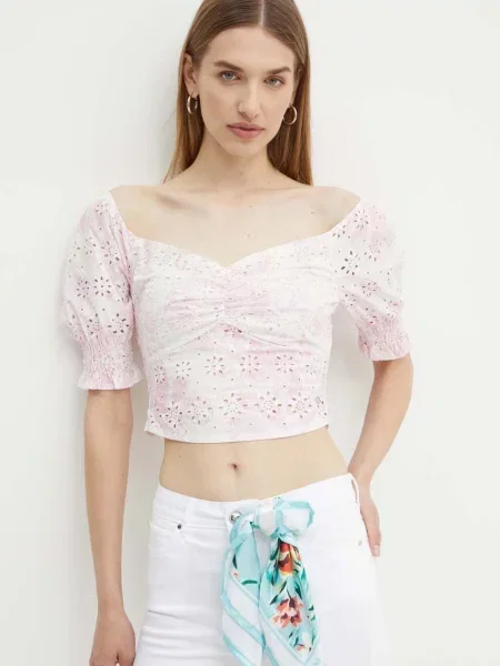 Блуза Guess PALMA дамска с изчистен дизайн розово