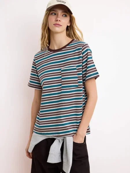 Trendyol Tricou albastru închis / maro închis alb