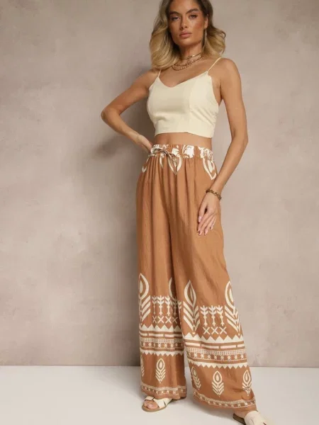 Szerokie Spodnie z z Gumką w Talii Zdobione Etnicznym Wzorem Soleldi brązowe