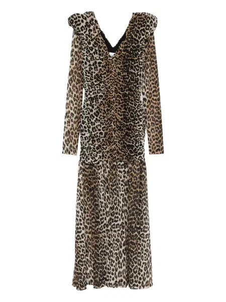 Rochie maxi Ganni cu imagine cu model leopard de costum maro