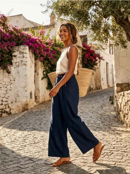 Штани wide leg з поясом темно-синій сині