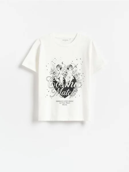 Reserved Luźny t-shirt z nadrukiem złamana biel