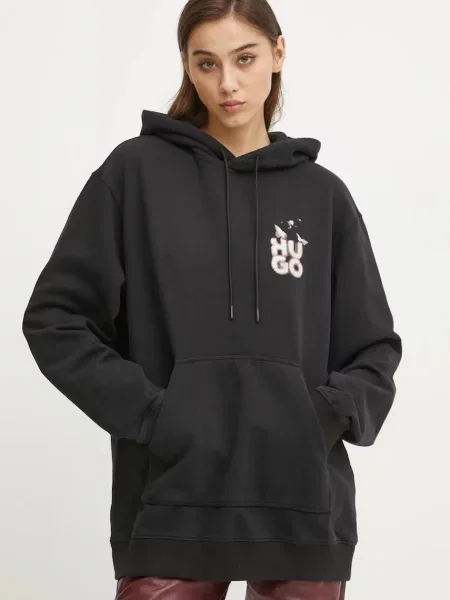 Bombažen pulover HUGO s kapuco črna