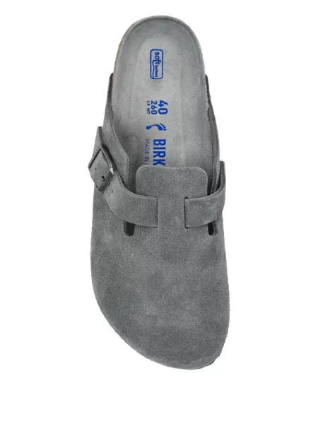 Papuci tip mules Birkenstock din piele de căprioară cu cataramă gri