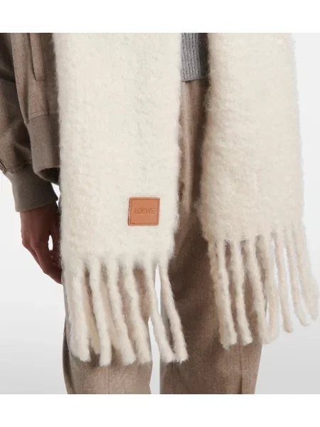Fular Loewe cu franjuri de lână alb