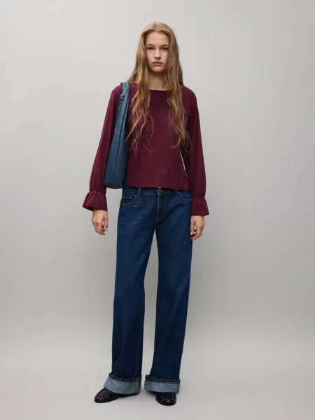 Koszulka z marszczonym panelem burgund Teen S MANGO TEEN