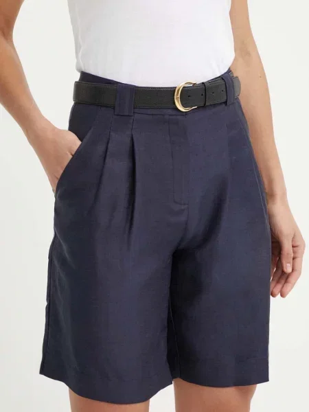 Kratke hlače s dodatkom lana La Petite Française SAVOUREUX tamno bez uzorka visoki struk plava
