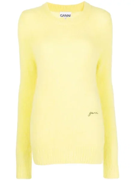 Pulover Ganni cu broderie cu decolteu rotund galben
