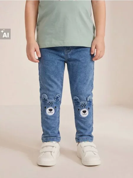 Sinsay Jeggings s efektem oprání a výšivkou medvídka modrá