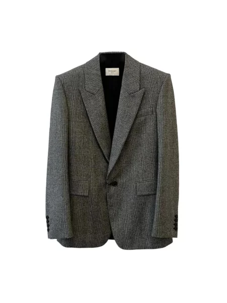 Lniana marynarka Saint Laurent w kratkę szara