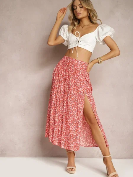 Spódnica Midi z Rozcięciem na Boku Missane czerwona