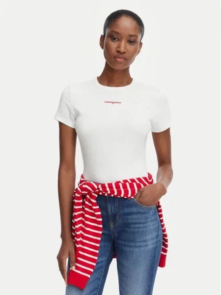 Tommy Jeans Marškinėliai Script Rib Kreminė