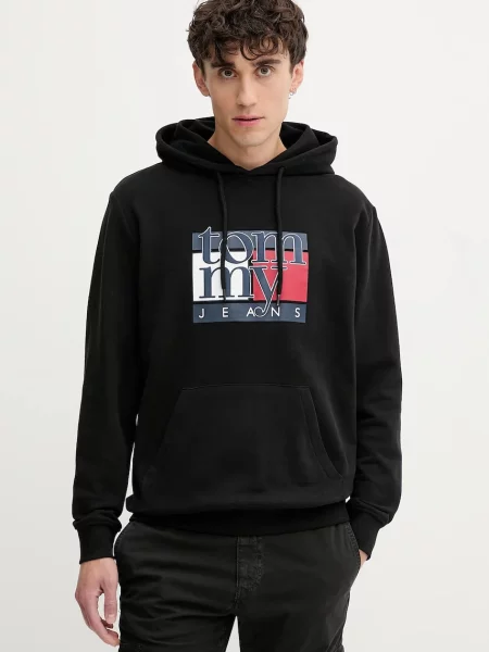 Mikina Tommy Jeans s kapucí s potiskem černá