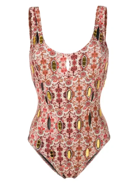 Costum de baie Amir Slama cu model floral cu imagine cu decolteu în U roșu