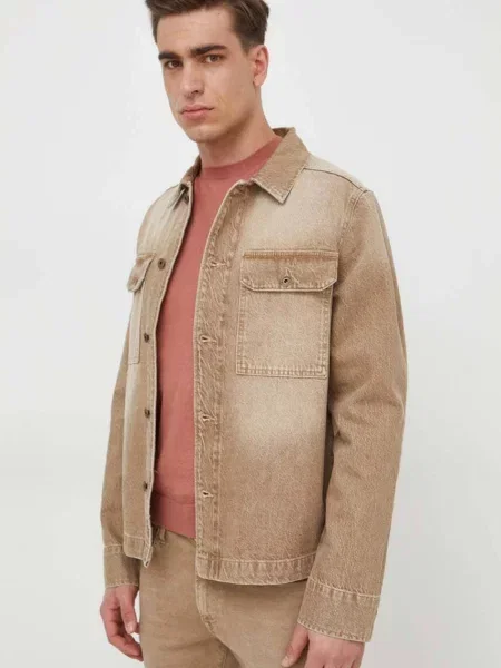 Дънкова риза Pepe Jeans Enzo мъжка със стандартна кройка с класическа яка бежово