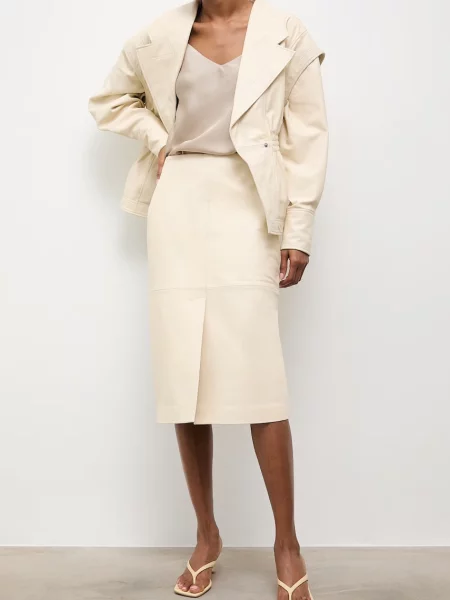 Answear.LAB spódnica z rozcięciem skórzana SORA beżowa