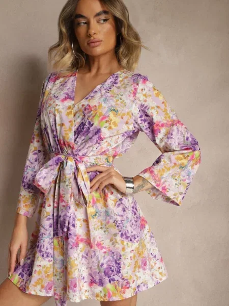 Kopertowy Kombinezon z Wiązanym i Rozszerzanymi Rękawami Telurea fioletowy