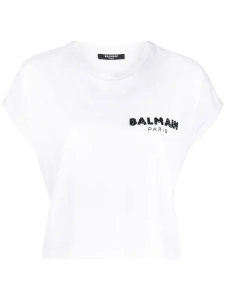 Tricou Balmain cu paiete cu decolteu rotund alb