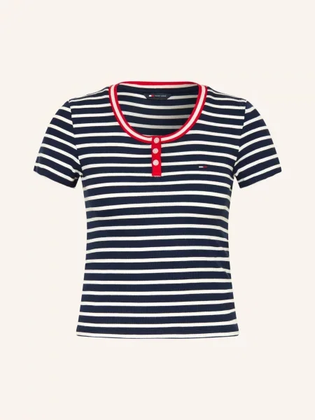 Tommy Jeans Tričko S Výstřihem Henley tmavě modrá / červená bílá