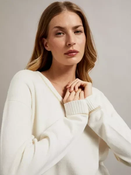 Pulover Moodo cu decolteu în V alb