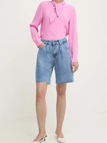 Дънков къс панталон Answear Lab с изчистен дизайн с висока талия синьо