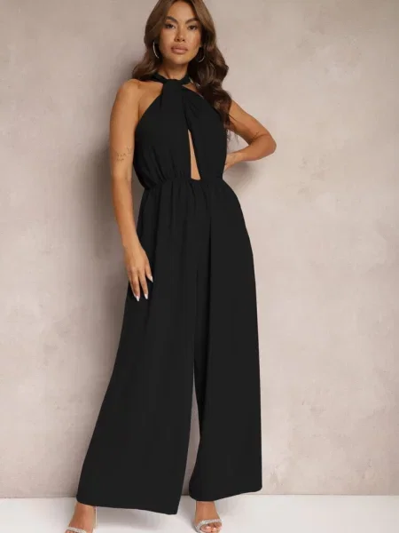 Taliowany Kombinezon ze Ściągaczem w Talii i Wiązaniem przy Szyi Rivasiris czarny