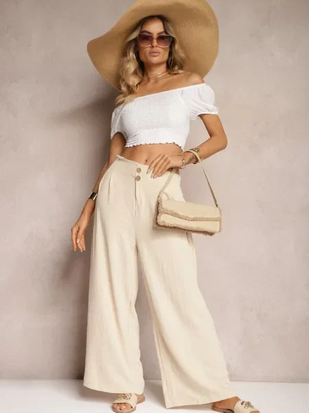 Spodnie w Stylu Alladynek High Waist Wykończone Gumką w Pasie Riselma beżowe