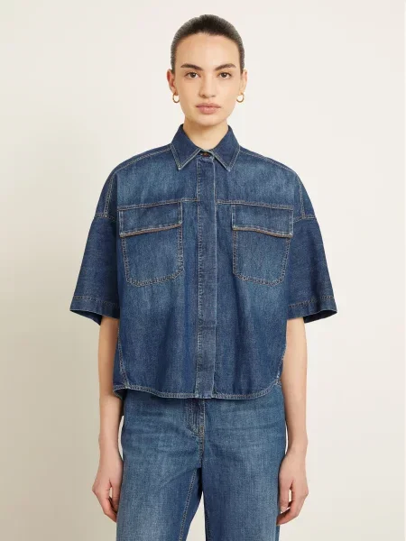 Brunello Cucinelli Bluzka Jeansowa Z Kamieniami Ozdobnymi blau niebieska