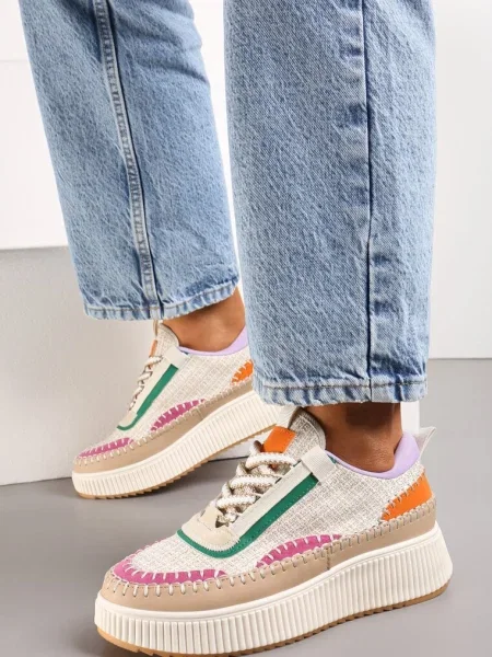 Sneakerși din Tweed pe Platformă cu Cusături Orilenes bej