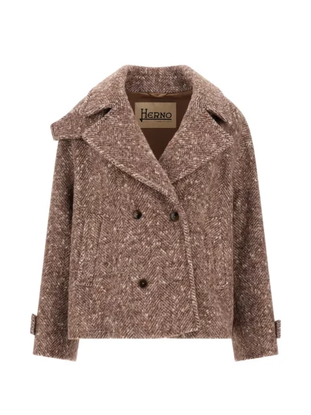 Bouclé palton Herno cu model herringbone maro