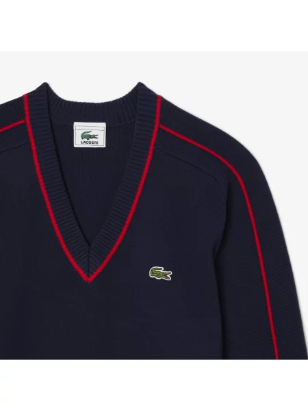 Lacoste Sweter Z Dekoltem V W Paski Archive Edition niebieski