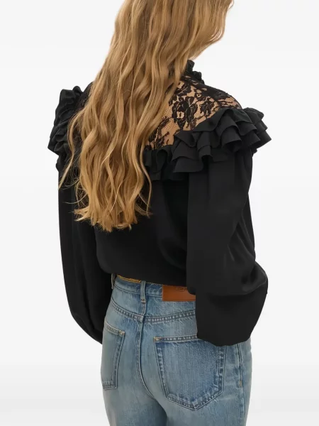 Bluză Chloé cu volane din dantelă negru
