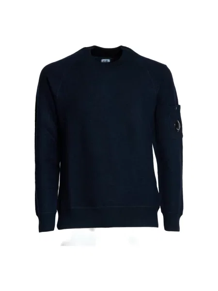 Sweter C.p. Company wełniany z okrągłym dekoltem niebieski