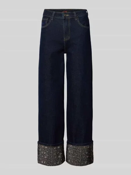 Jeansy o kroju straight fit z brzegiem i obszyciem ozdobnymi kamieniami Miss Goodlife niebieskie