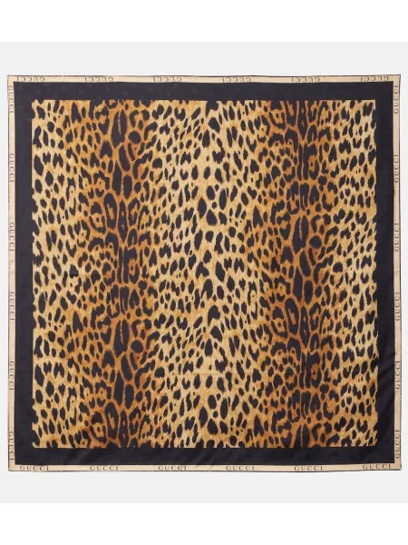 Fular Gucci de mătase cu imagine cu model leopard maro