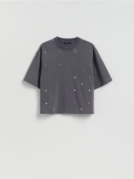 Reserved Tricou din cu aplicații gri-închis gri
